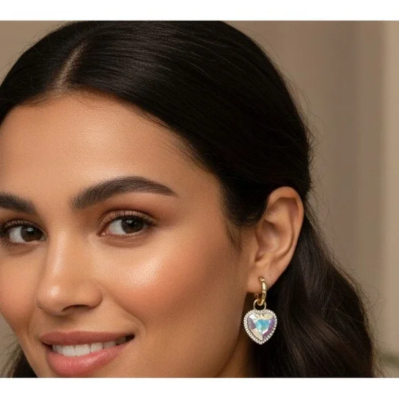 14K Gold Plated Women's Heart Drop Huggie Earrings - Picture 2 of 7